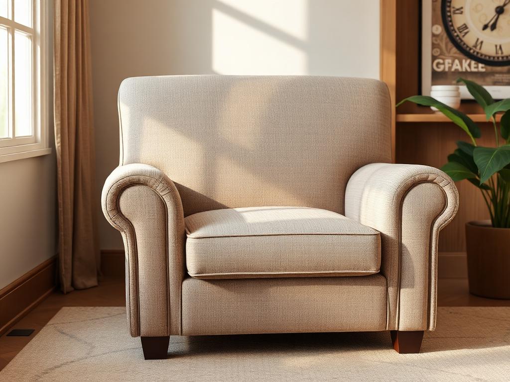 Armchair reupholstered in soft taupe textured fabric in a warm interior