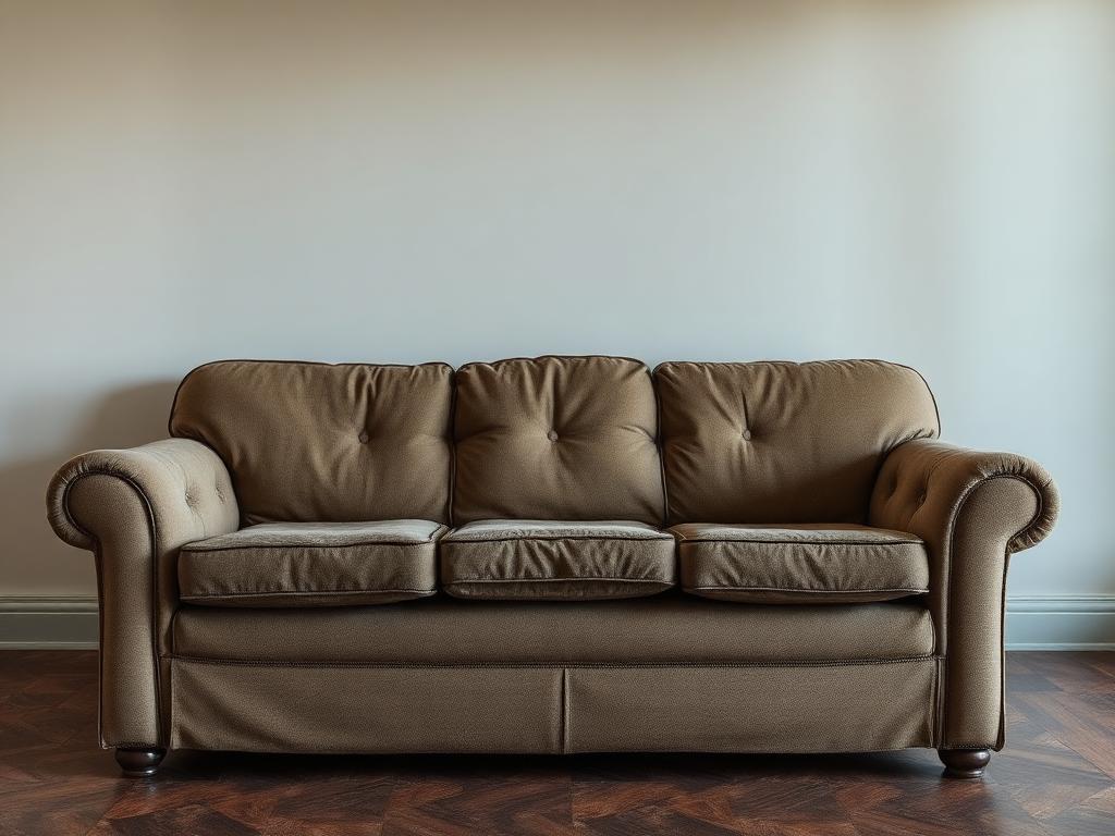 Worn three-seater sofa with faded, sagging upholstery before restoration